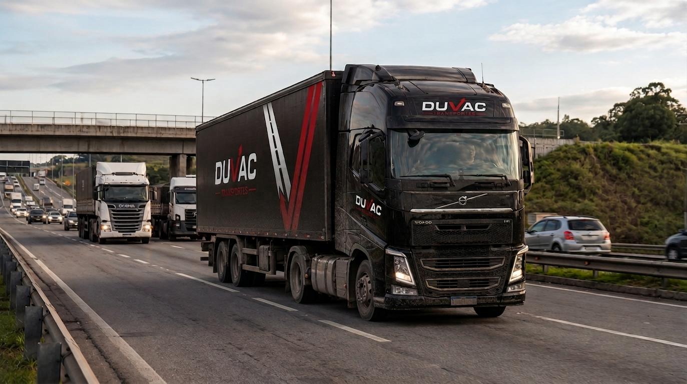 Caminhão DUVAC Transportes rodando na rodovia