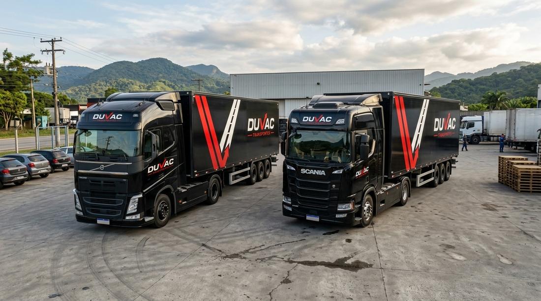 Caminhões DUVAC Transportes estacionados no pátio